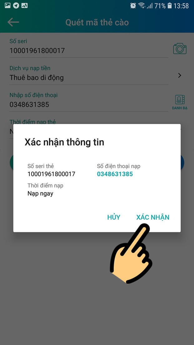 Chọn xác nhận để hoàn tất nạp thẻ 