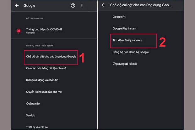 Nhấn vào Chế độ cài đặt cho các ứng dụng Google rồi chọn Tìm kiếm, Trợ lý và Voice