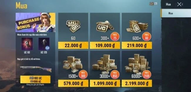 Chọn gói nạp theo UC mong muốn