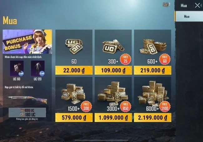 Chọn gói nạp UC