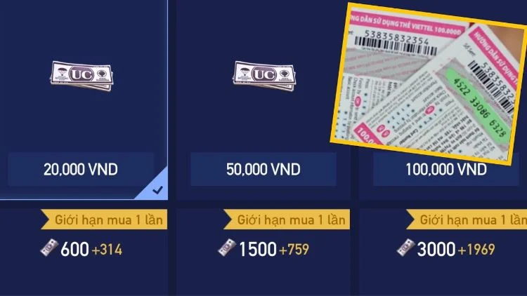 Các mệnh giá UC theo thẻ cào điện thoại