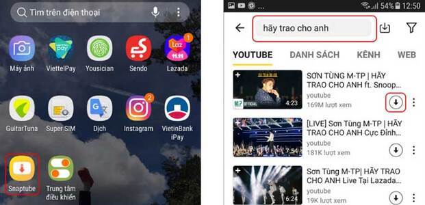 Bấm vào SnapTube và nhấn vào biểu tượng mũi tên xuống để tải