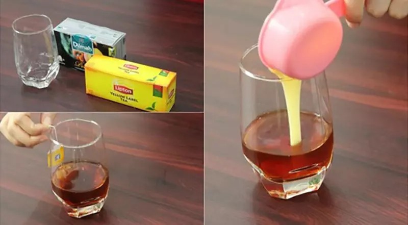 cho sữa đặc vào ly trà lipton đã pha rồi cho siro, đường sữa tươi vào khuấy đều