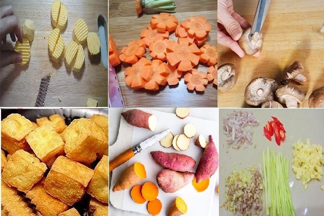 Sơ chế nguyên liệu: nấm, cà rốt, khoai lang, đậu hũ chiên, khoai tây ớt nấu cà ri Ấn Độ