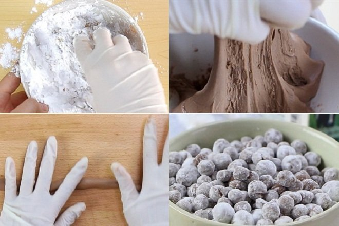 cách làm trân châu đường đen: trộn đường đen, bột năng, bột cacao