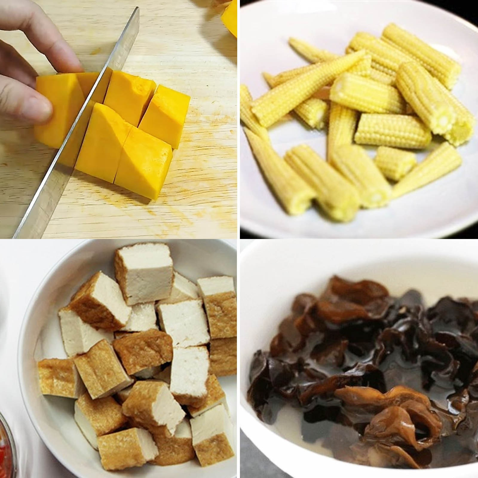Sơ chế nguyên liệu bí đỏ, đậu hũ, nấm tai mèo, bắp non nấu cà ri chay