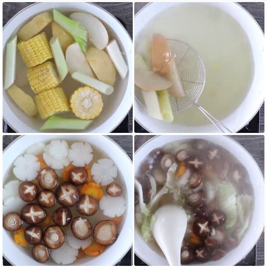 nấu nước lèo hủ tiếu hoành thành chay: nấm đông cô, cà rốt, củ cải trắng, bắp