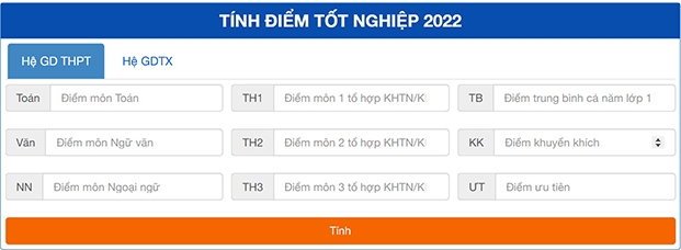 Giao diện trang web tính điểm tổ hợp môn và điểm tốt nghiệp chính xác