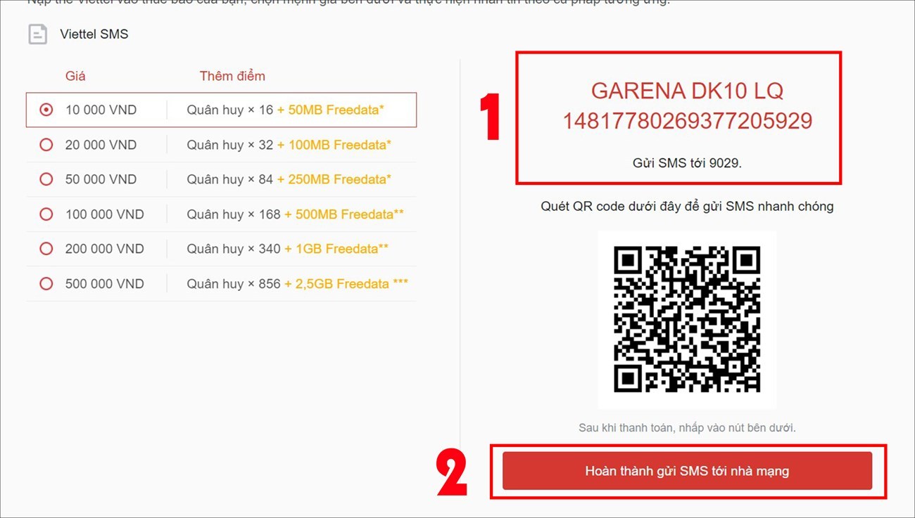 Hệ thống gửi tin nhắn SMS mệnh giá nạp game Garena