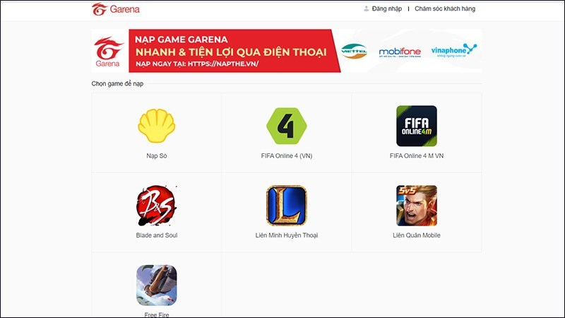 Truy cập website napthe.vn nạp thẻ game garena Free Fire