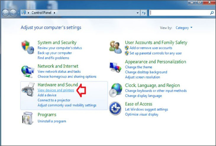 Kết nối bluetooth trên laptop win 7 Control Panel, View Devices and Printers.