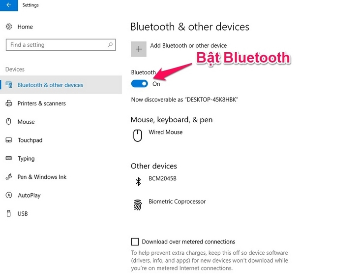 Chọn mục Bluetooth & other devices để bật Bluetooth trên thiết bị Window 10