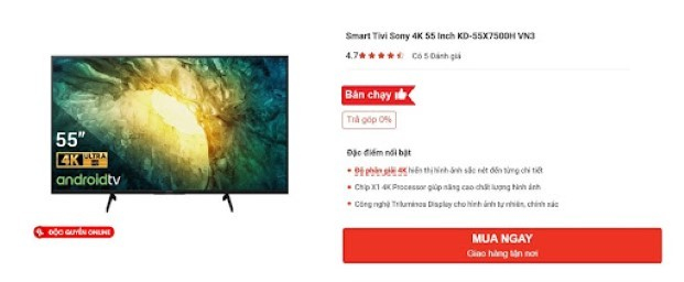 Smart Tivi Sony 4K 55 Inch KD-55X7500H VN3
