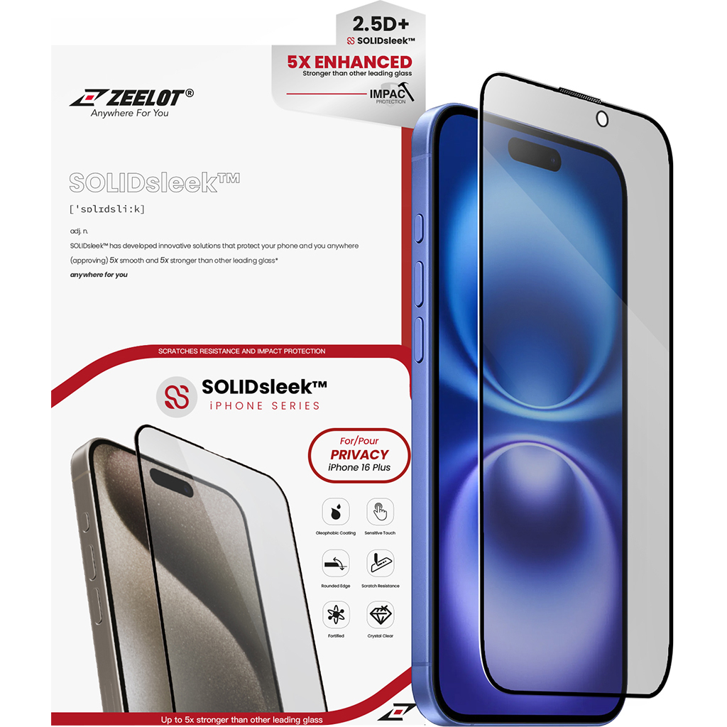 Miếng dán cường lực chống nhìn trộm Zeelot (2.5D ) Solidsleek Iphone 16 Plus