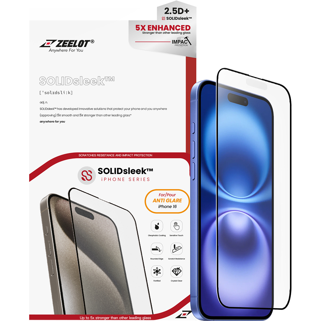 Miếng dán cường lực chống vân tay Zeelot (2.5D ) Solidsleek cho Iphone 16