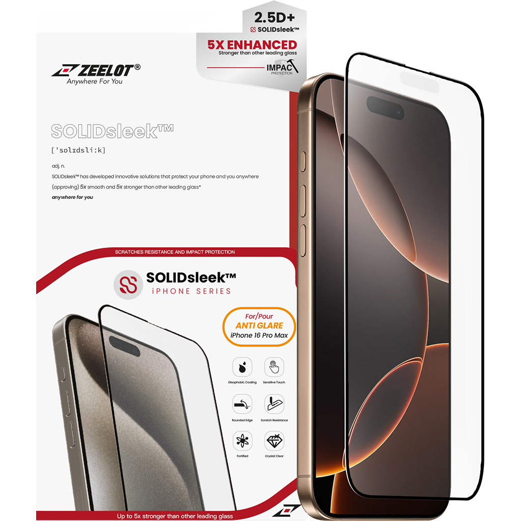Miếng dán cường lực chống vân tay Zeelot (2.5D ) Solidsleek cho Iphone 16 Promax