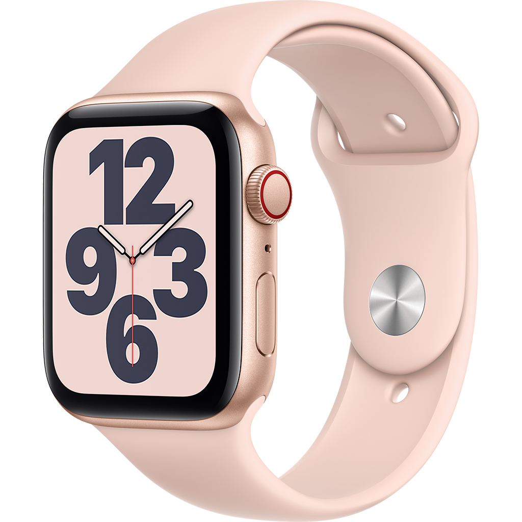 Apple Watch SE LTE 44mm Vỏ nhôm Dây cao su Hồng mặt nghiêng trái