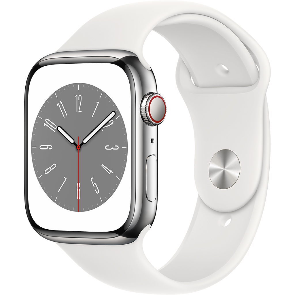 Apple Watch S8 LTE 45mm viền thép dây silicone Trắng MNKE3VN/A