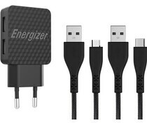Sạc Energizer 2.4A 2 USB kèm cáp Micro USB và USB-C 2.0 - AC2BEULCMM