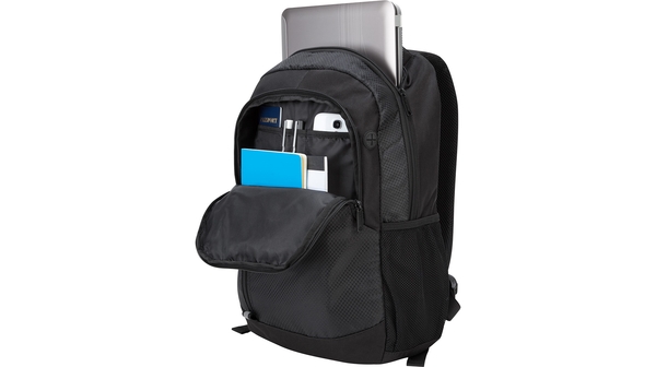 Balo laptop Targus 15.6 inch City Backpack Đen mặt nghiêng mở khóa
