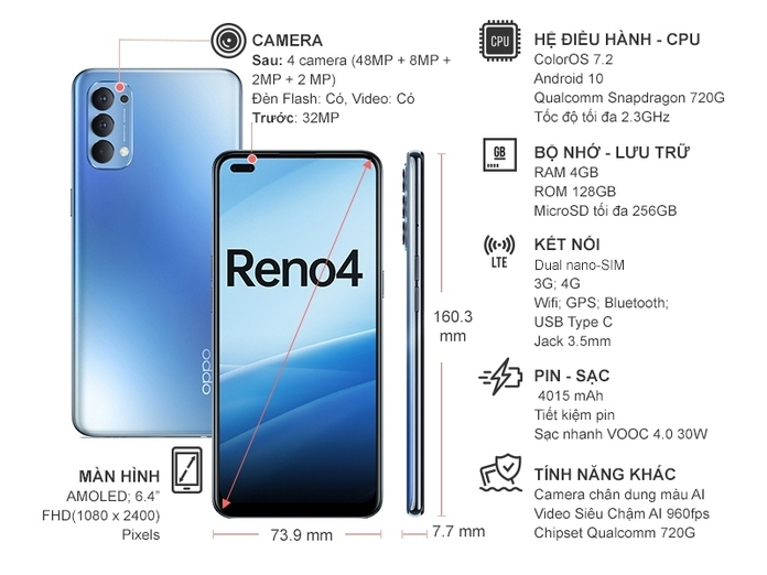 Điện thoại OPPO Reno4 Xanh thiên hà