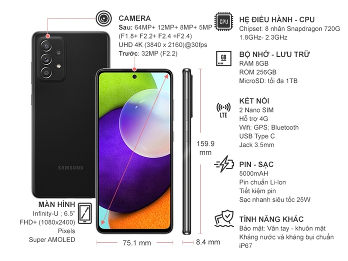 Đánh giá] Tính năng nổi bật của Điện thoại Điện Thoại Samsung Galaxy A72 4G  8GB/256GB Tím Chính Hãng trên Nguyễn Kim