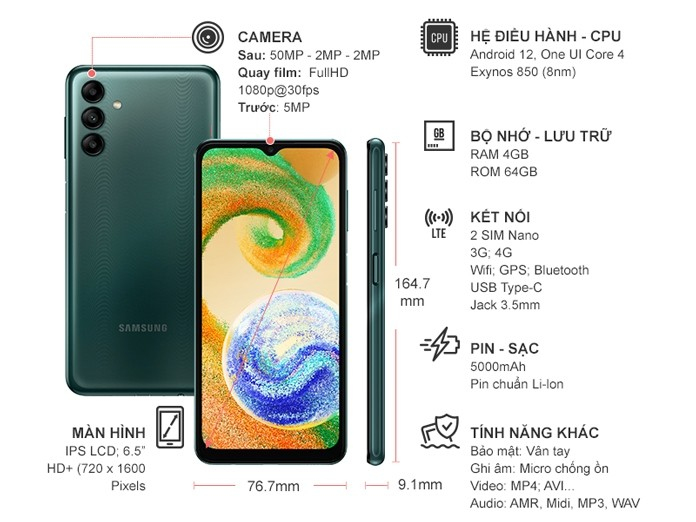 Điện thoại Samsung Galaxy A04s 4GB/64GB Xanh Điện thoại Samsung Galaxy A04s 4GB/64GB Xanh