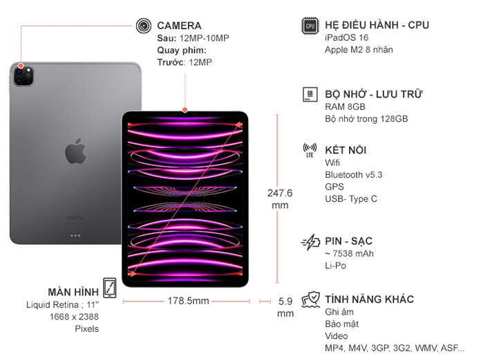 iPad Pro M2 2022 11 inch Wifi 128GB MNXD3ZA/A Xám (2022) iPad Pro M2 2022 11 inch Wifi 128GB MNXD3ZA/A Xám (2022)