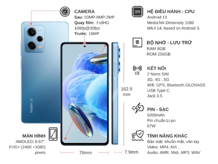 Điện thoại Xiaomi Redmi Note 12 Pro 5G 8GB/256GB Xanh dương Điện thoại Xiaomi Redmi Note 12 Pro 5G 8GB/256GB Xanh dương