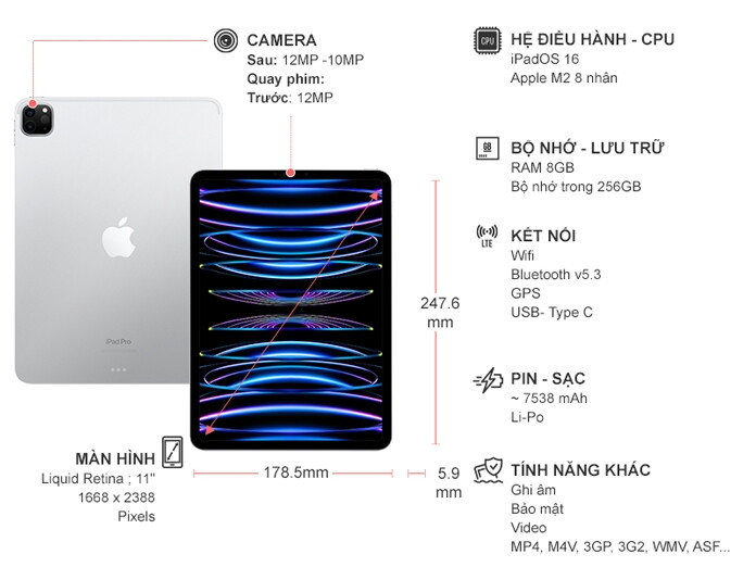 iPad Pro M2 2022 11 inch Wifi 256GB MNXG3ZA/A Bạc (2022) | Nguyễn Kim