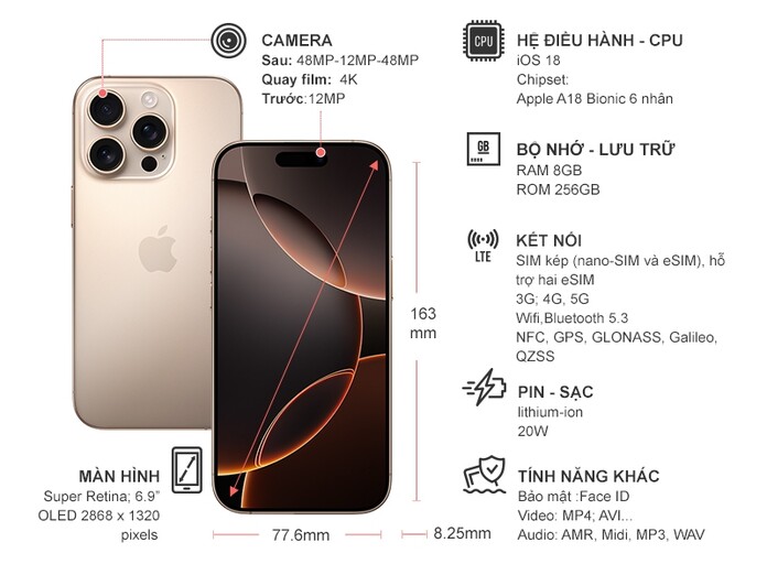 Điện thoại iPhone 16 Pro Max 256GB Titan Sa Mạc