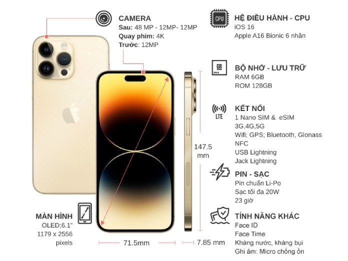 Điện thoại iPhone 14 Pro 128GB Vàng Điện thoại iPhone 14 Pro 128GB Vàng