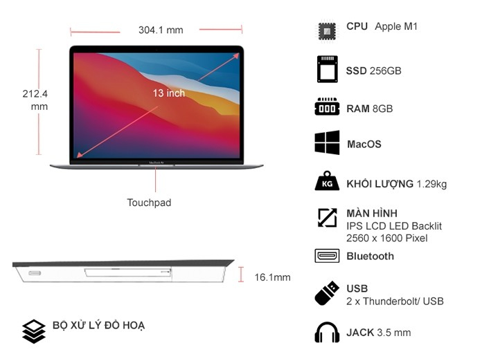 Laptop MacBook Air M1 2020 13 Inch 256GB MGN63SA/A Xám | Nguyễn Kim