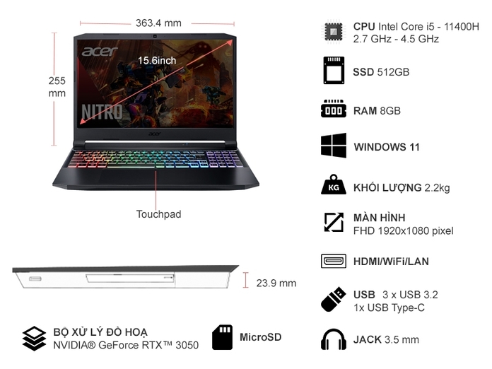 Laptop Acer Nitro 5 Gaming AN515-57-54MV I5-11400H/8GB/512GB NH.QENSV.003