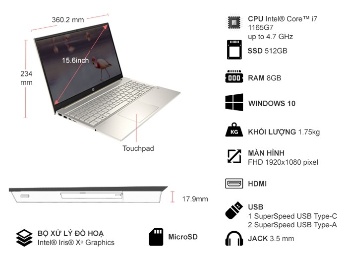 Laptop HP Pavilion 15-EG0504TU i7-1165G7/8GB/512GB SSD/Win10 (46M00PA)