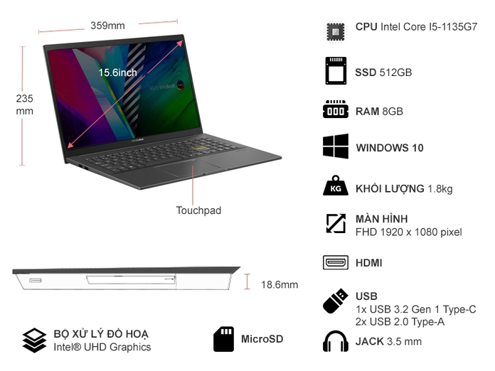 Laptop Asus Vivobook A515EA-L11171T i5-1135G7/8GB/512GB/Win10