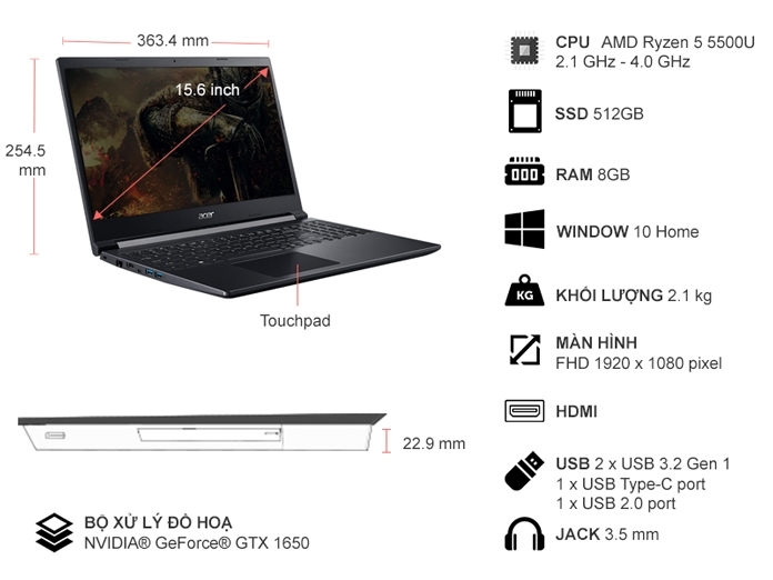 Laptop Acer Aspire 7 Gaming A715-42G-R05G R5-5500U/8GB/512GB/Win11 NH.QAYSV.007