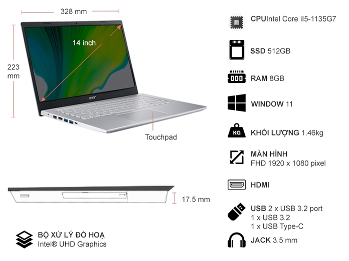 Laptop Acer Aspire 5 A514-54-59QK i5-1135G7/8GB/512GB/Win11 (NX.A2ASV.008)