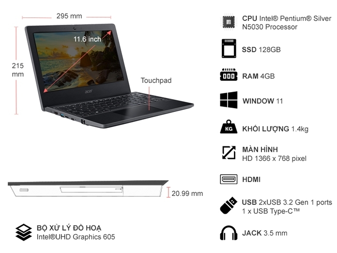 Laptop Acer TravelMate B3 TMB311-31-P49D N5030/4GB/256GB/Win11 (NX.VNFSV.005)