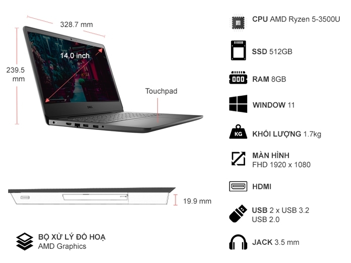 Laptop Dell Vostro 3405 R5-3500U/8GB/512GB/Win11 (V4R53500U003W1)