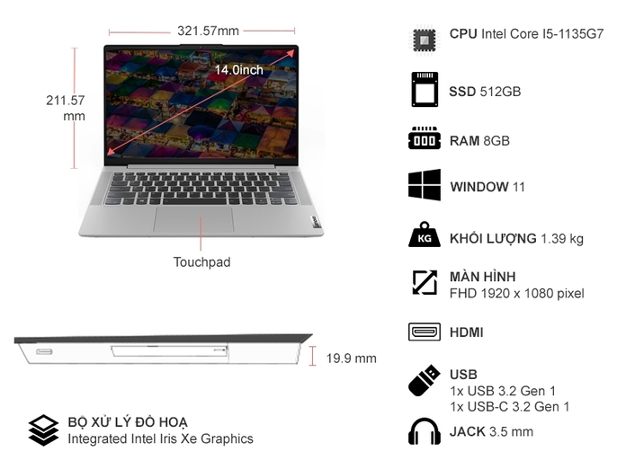 Laptop Lenovo Ideapad 5 14ITL05 i5-1135G7/8GB/512GB/Win11 (82FE016LVN)