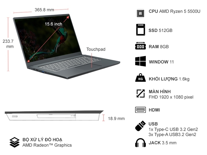 Laptop MSI Modern 15 A5M R55500U/8GB/512GB/Win11 (238VN)