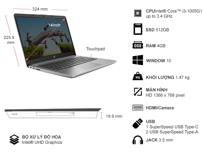 Laptop HP 240 G8 i3-1005G1/4GB/512GB/Win10 (519A5PA)