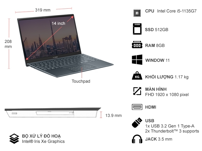 Laptop Asus ZenBook UX425EA i5-1135G7/8GB/512GB/Win11 (KI749W)