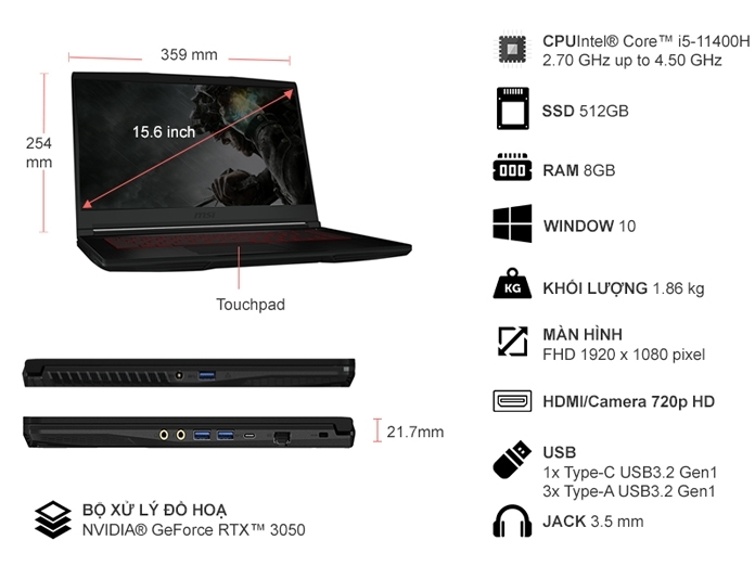 Laptop MSI GF63 Thin 11UC-443VN I5-11400H/8GB/512GB/Win10