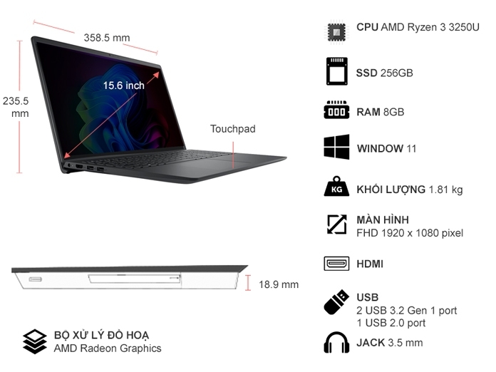 Laptop Dell Inspiron 15 3515 R3-3250U/8GB/256GB/Win11 (G6GR71)