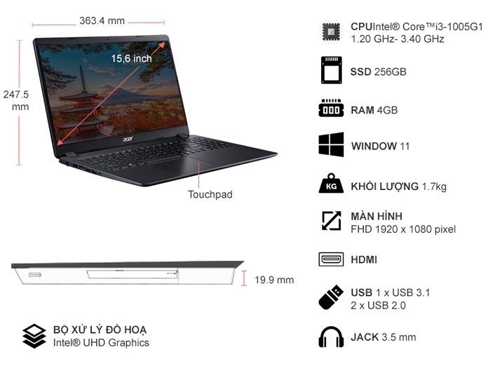Laptop Acer Aspire 3 A315-56-38B1 i3-1005G1/4GB/256GB/Win11 (NX.HS5SV.00G)