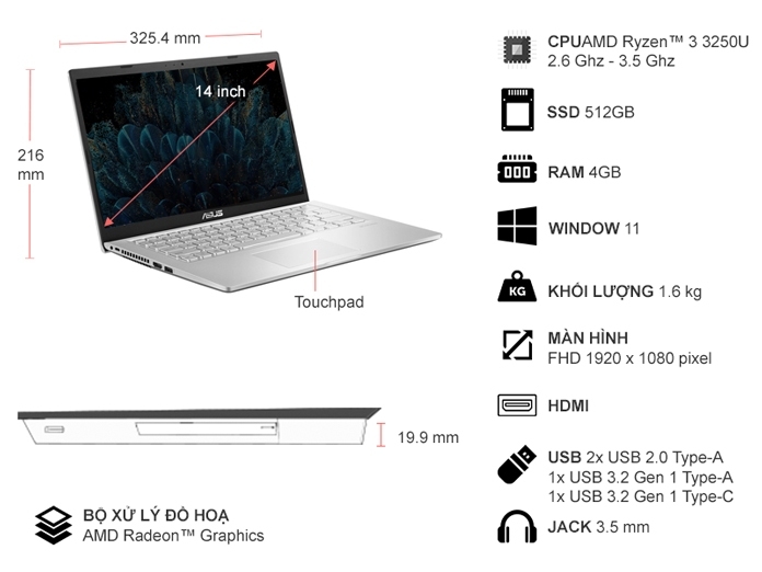Laptop Asus Vivobook D415DA R3 3250U/4GB/512GB/Win10 (EK852T)