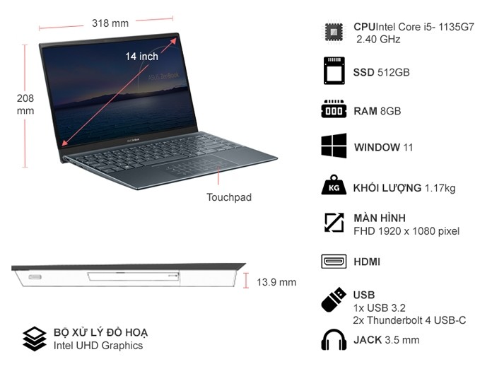 Laptop Asus UX425E i5-1135G7/8GB/512GB/Win 11 UX425EA-KI839W