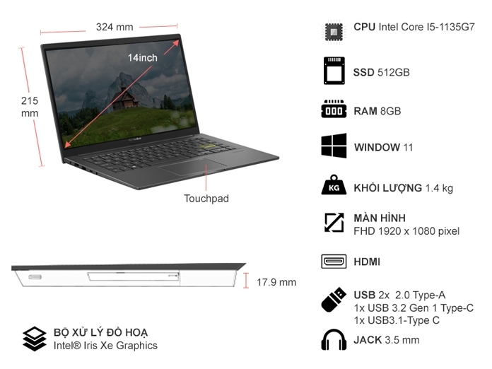 Laptop Asus VivoBook A415EA i5-1135G7/8GB/512GB/Win11 (EB1474W)